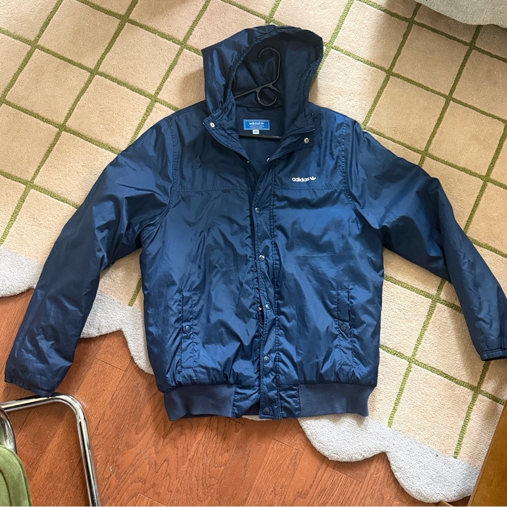Vintage Adidas Dark Blue Hooded Jacket - men's L